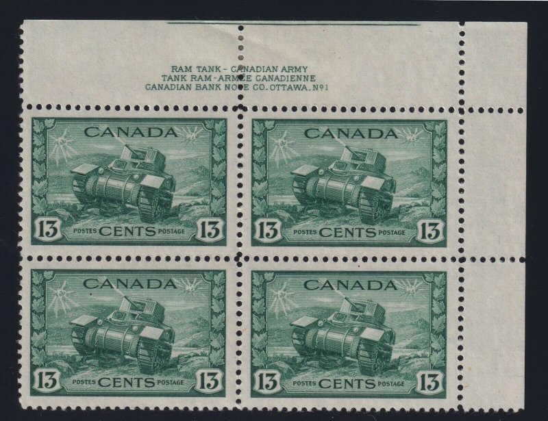 Canada Sc #258 (1942) 13c dull green Ram Tank Plate Block Mint VF H  