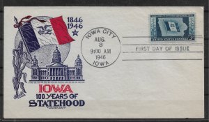 US 1946 Cachet FDC IOWA Statehood French Flag (1846-1946),Sc # 942,VF-XF !!