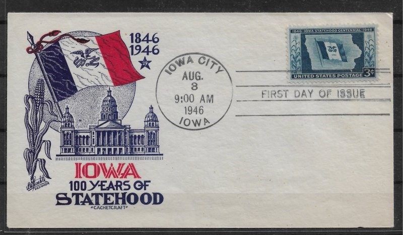 US 1946 Cachet FDC IOWA Statehood French Flag (1846-1946),Sc # 942,VF-XF !!