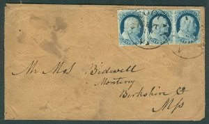 1850’s 1¢ Imperf Strip of 3 (#9) tied by Occoquan, VA cds on “turned cover”