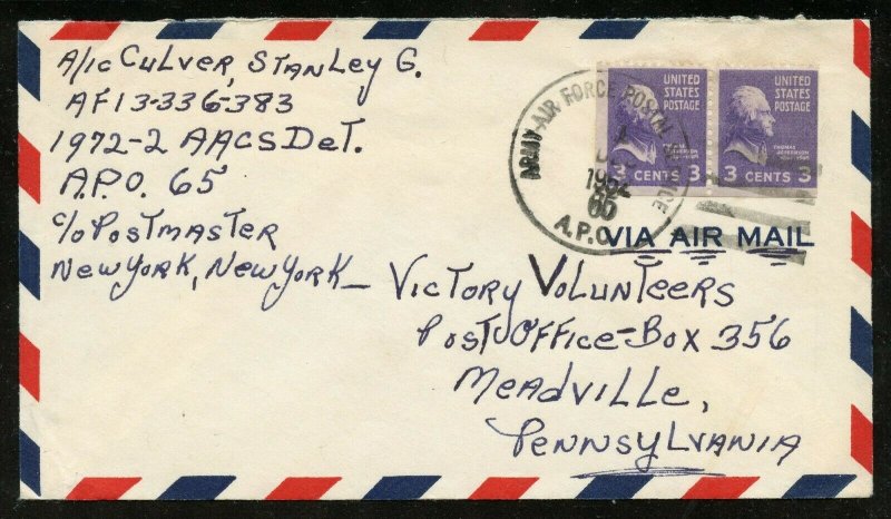 U.S. Scott 807 Booklet Pair Prexies/Prexys on APO Air Mail Cover