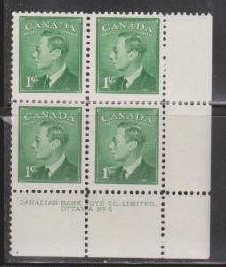 CANADA Scott # 284 Plate Block MNH - KGVI Plate 5 LR