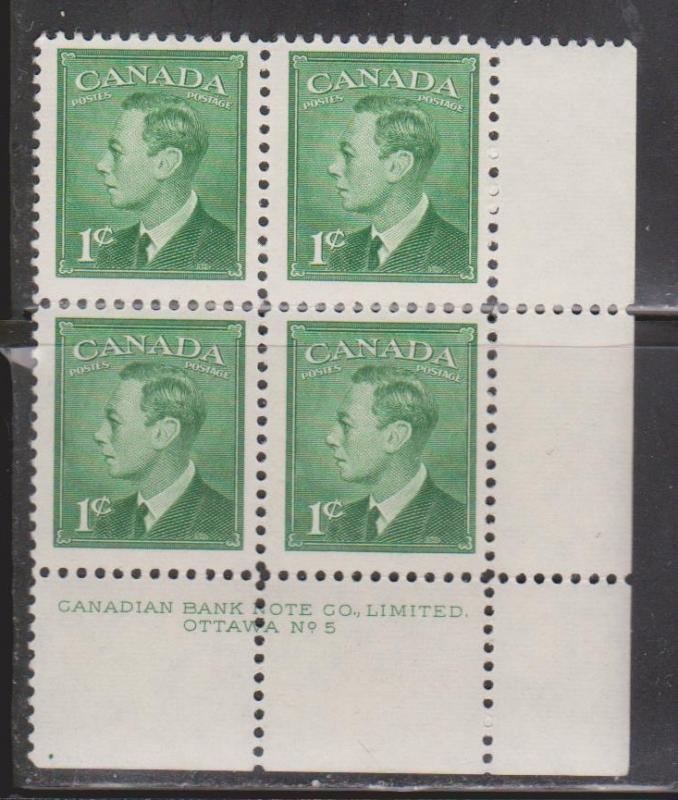 CANADA Scott # 284 Plate Block MNH - KGVI Plate 5 LR