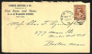 SCOTT #210 STAMP NEW YORK JOSEPH REUTER BOOTS & SHOES ADVERTISING COVER 1886