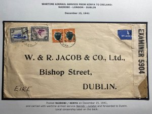 1941 Nairobi Kenya British KUT Censored Airmail Cover to Dublin Ireland