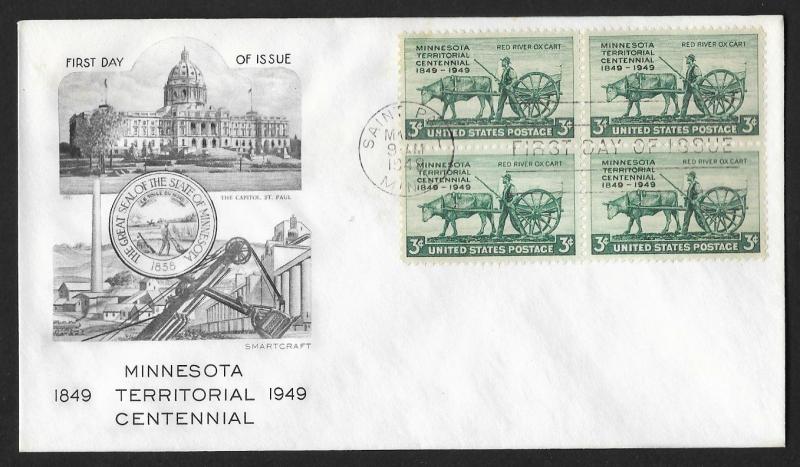 UNITED STATES FDC 3¢ Minnesota Territory Centennial BLOCK 1949 Smartcraft