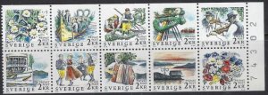 Sweden 1681-90 MNH 1988 block of 10 from bklt, been folded (SSB)(ad4922)