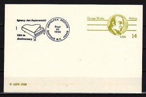 United States, 25/SEP/86 issue. Pianist j. Paderewski cancel. Postal card. ^