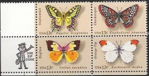 US #1712-15 Zip Code Block - Butterflies. Dogface, Swallowtail, Orange-Tip, Chec