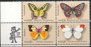 US #1712-15 Zip Code Block - Butterflies. Dogface, Swallowtail, Orange-Tip, Chec