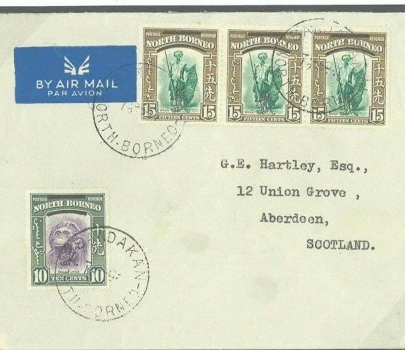 NORTH BORNEO Superb Cover Sandakan 1949 AirMail Aberdeen Scotland {samwells}Y194