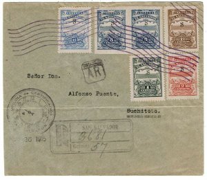 Salvador 1915 San Salvador cancel on registered, AR cover, franked S overprint