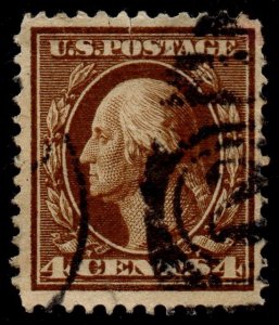 U.S. Scott #377: 1911 4¢ George Washington, Used, F+, small tear in upper edge