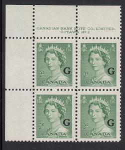 Canada 1951 MNH Sc O34 2c QEII Karsh G overprint Plate 2 Upper left plate block