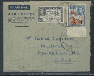 FIJI ISLANDS (P1112B) 1949 FORMULA AEROGRAMME KGVI 1D+6D SUVA TO USA