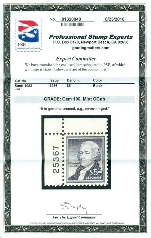 EDW1949SELL : USA 1956 Sc #1053 One of a Kind Modern Rarity PSE Graded Cert 100.