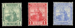 Trinidad #105-107 Cat$54, 1909 1/2p-2 1/2p, set of three, lightly hinged, pen...