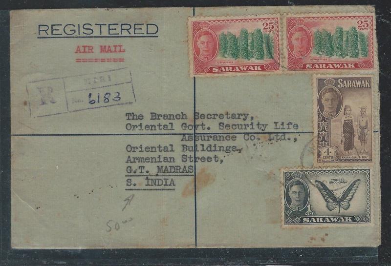 SARAWAK (P2909B)  1955 KGVI 1C BUTTERFLY+4C+25CX2 REG A/M FROM MIRI TO INDIA