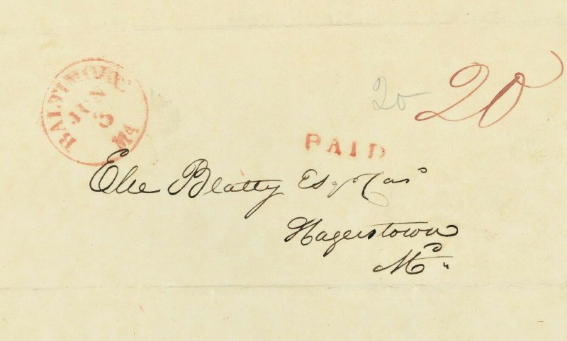 1837 Stampless Cover Baltimore MD ( Red Paid 20 )