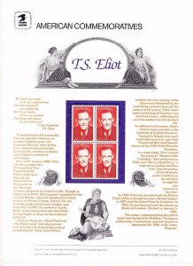 USPS Commemorative Panel 270 T.S. Eliot #2239 Block/4 Mint Poet Playwright 1986