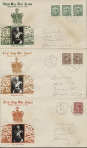 1942 #249-251 1c-3c George VI War Issue FDCs Crosby Photo Cachets Ottawa