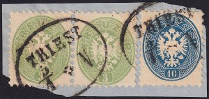 Austria - 1864 - Scott #23(pr),25 - used on piece - TRIEST oval pmk