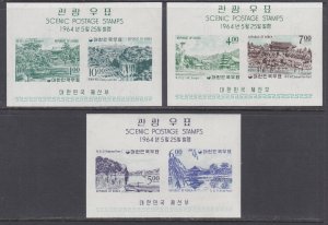 Korea Sc 439a, 440a, 443a MNH. 1964 Views, imperf souv sheets of 2, 3 diff, VF