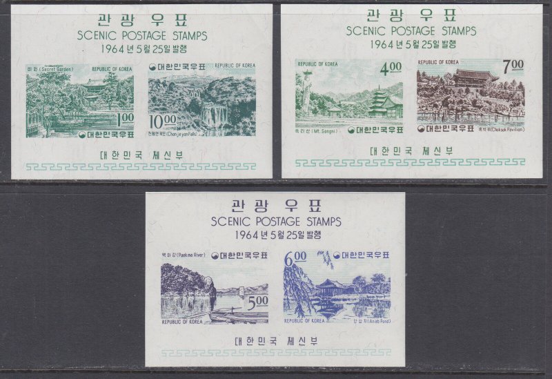 Korea Sc 439a, 440a, 443a MNH. 1964 Views, imperf souv sheets of 2, 3 diff, VF