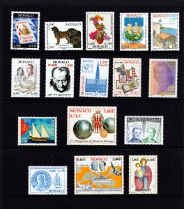 Monaco 2001 16 VFMNH stamps CV $29.40 (face value €11,46) well below face!