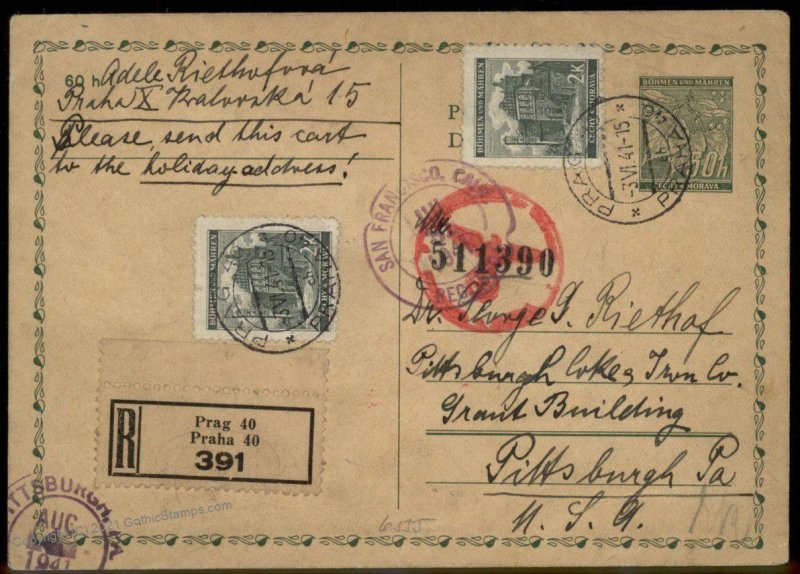 3rd Reich Germany BuM Prague Czech Registered Cover to USA G91452