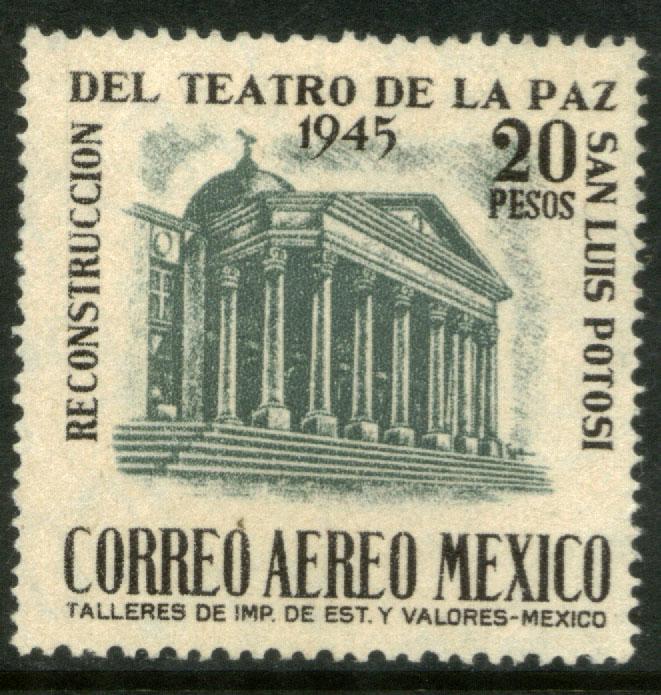 MEXICO C152, $20Pesos Reconstruction of La Paz Theater UNUSED, H OG. F-VF.