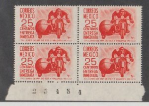 Mexico Scott #E12 Special Delivery Stamp - Mint NH Plate Number Block of 4