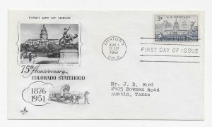 US 1001 (Me-5) 3c Colorado Statehood single on FDC Artcraft Cachet ECV $7.50