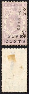 Ceylon BF71 FIVE CENTS on 20c lilac  Stamp Duty