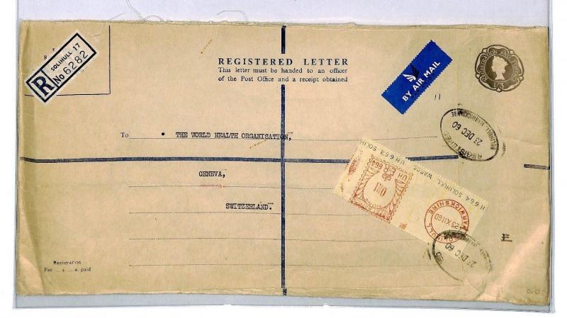 GB Cover Solihull *PERFORATED METER LABEL STAMP* 1960 Registered Air Warcs CP108