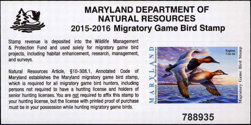 MARYLAND  #42  2015 STATE DUCK STAMP  CANVASBACKS by Jim Taylor