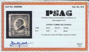 VERY AFFORDABLE GENUINE SCOTT #610 USED 1923 BLACK PSAG CERT HARDING PERF-11