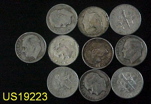 Ten different circulated silver ROOSEVELT DIMES