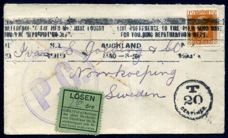 New Zealand 1919 GV 1 1/2d brown Surface print, Auckland to Sweden