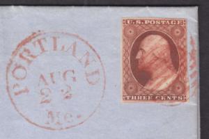 US Sc 10A on 1851 cover Portland-Boston, red CDS & grid, XF