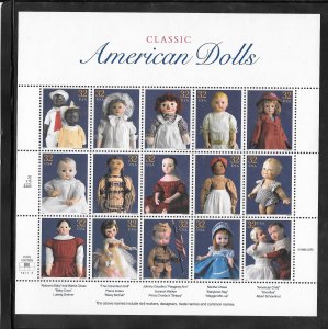 #3151 MNH Sheet CLASSIC AMERICAN DOLLS PLATE #P222222 PLATE POS #2.