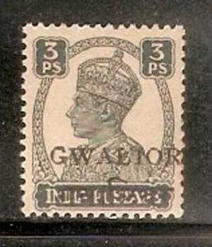 India Convention States -  GWALIOR 1949 3ps KG VI SG - 129 / Sc 118 LOCAL OVE...