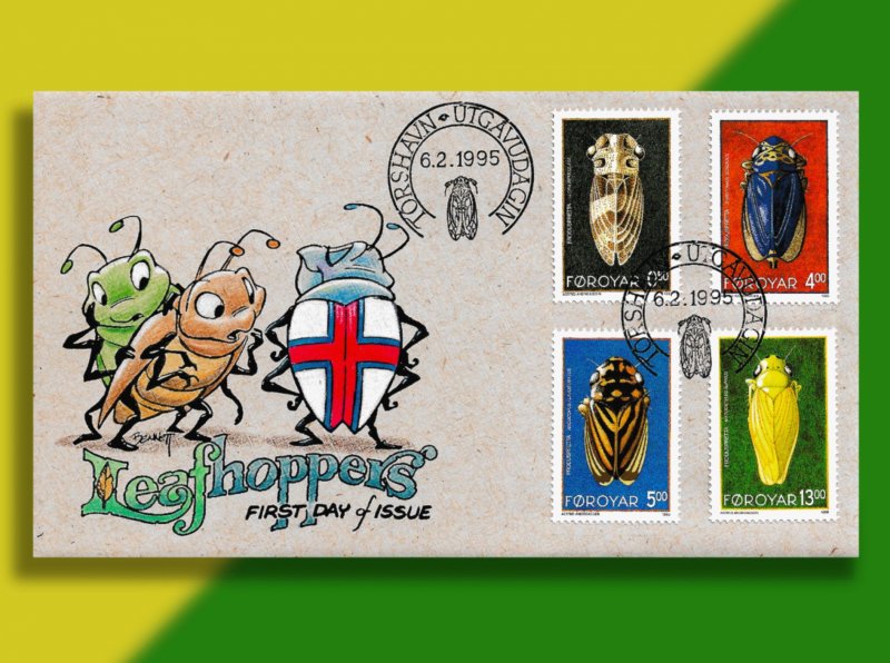 Faroes Leafhopper Shows National Pride!  Handcolored '95 FDC for Set of 4 BUGS!!