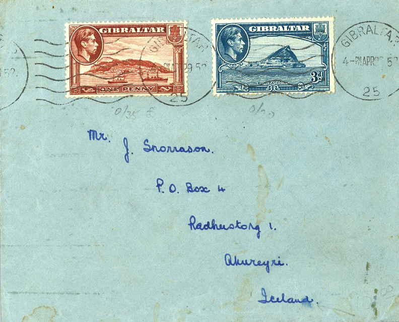 Gibraltar 1d KGVI Rock of Gibraltar and 3d KGVI Europa Point 1952 Gibraltar, ...