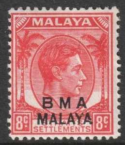 Malaya Straits Setts Scott 261 - SG7a, 1945 BMA Overprint 8c Die II MH*