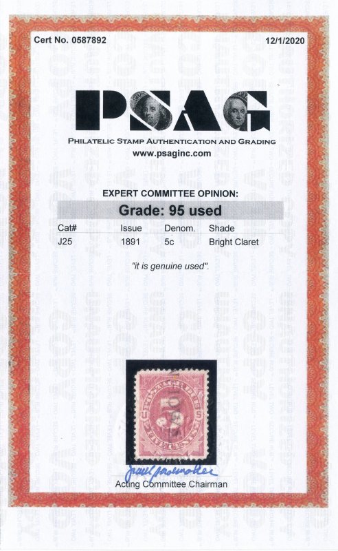 US Scott #J25 Used, XF/S, PSAG (Graded 95)