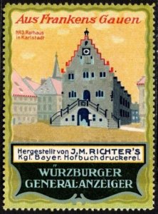 Vintage Germany Poster Stamp Würzburger Advertisement City Hall in Karlstadt