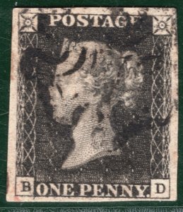 GB PENNY GREY-BLACK 1840 QV Stamp SG.3 1d Plate 5 (BD) *STATE 1* Cat £500+ REDB3