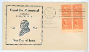 US 803 1938 1/2c Benjamin Franklin block of four on an unaddressed FDC with a Franklin Memorial cachet and an unofficial USS Ark