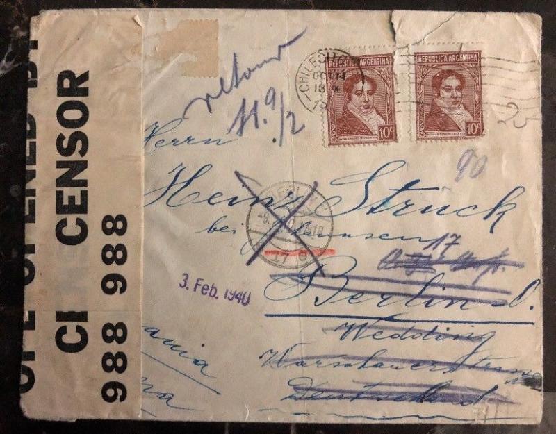 1939 Chilecito Argentina Dual Censored Cover To Berlin Germany